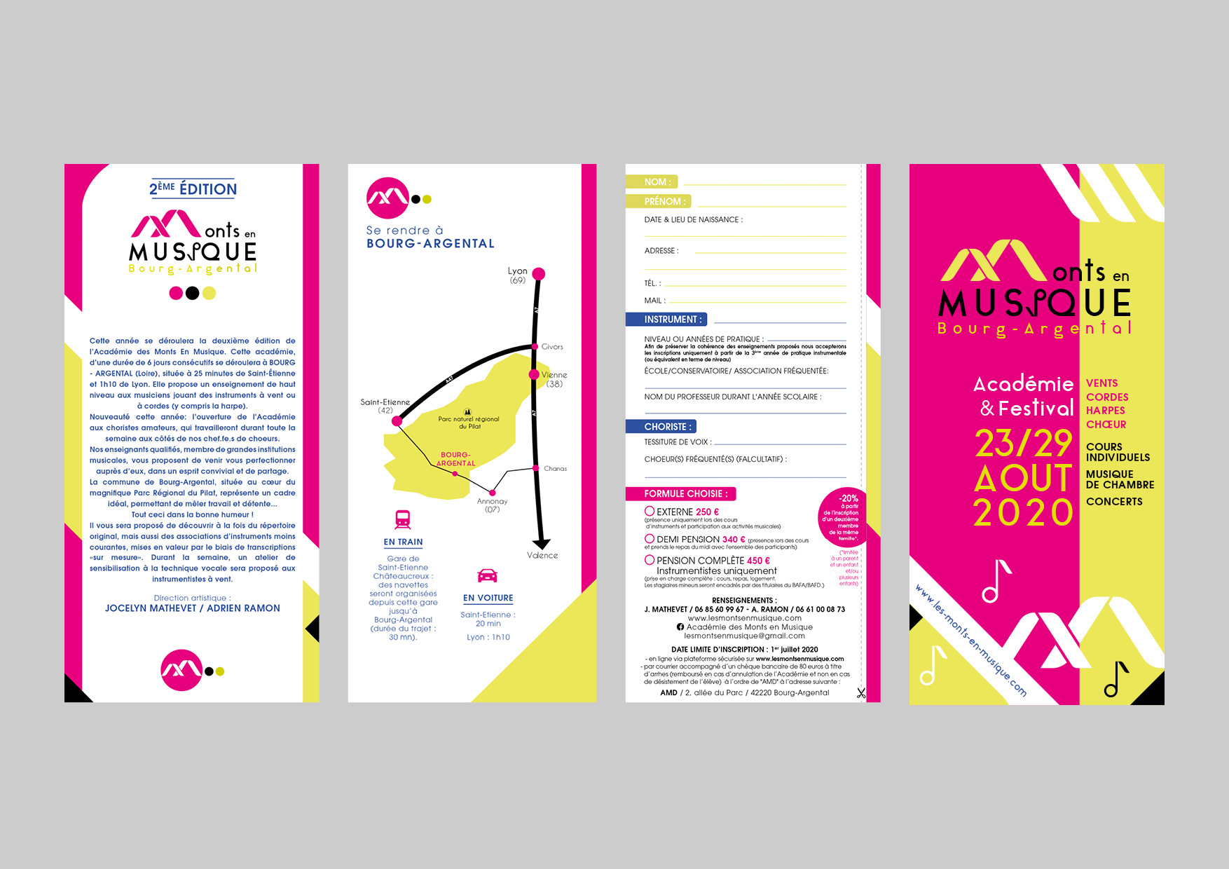 flyer monts en musique au couleurs fuchsia vert citron et noir