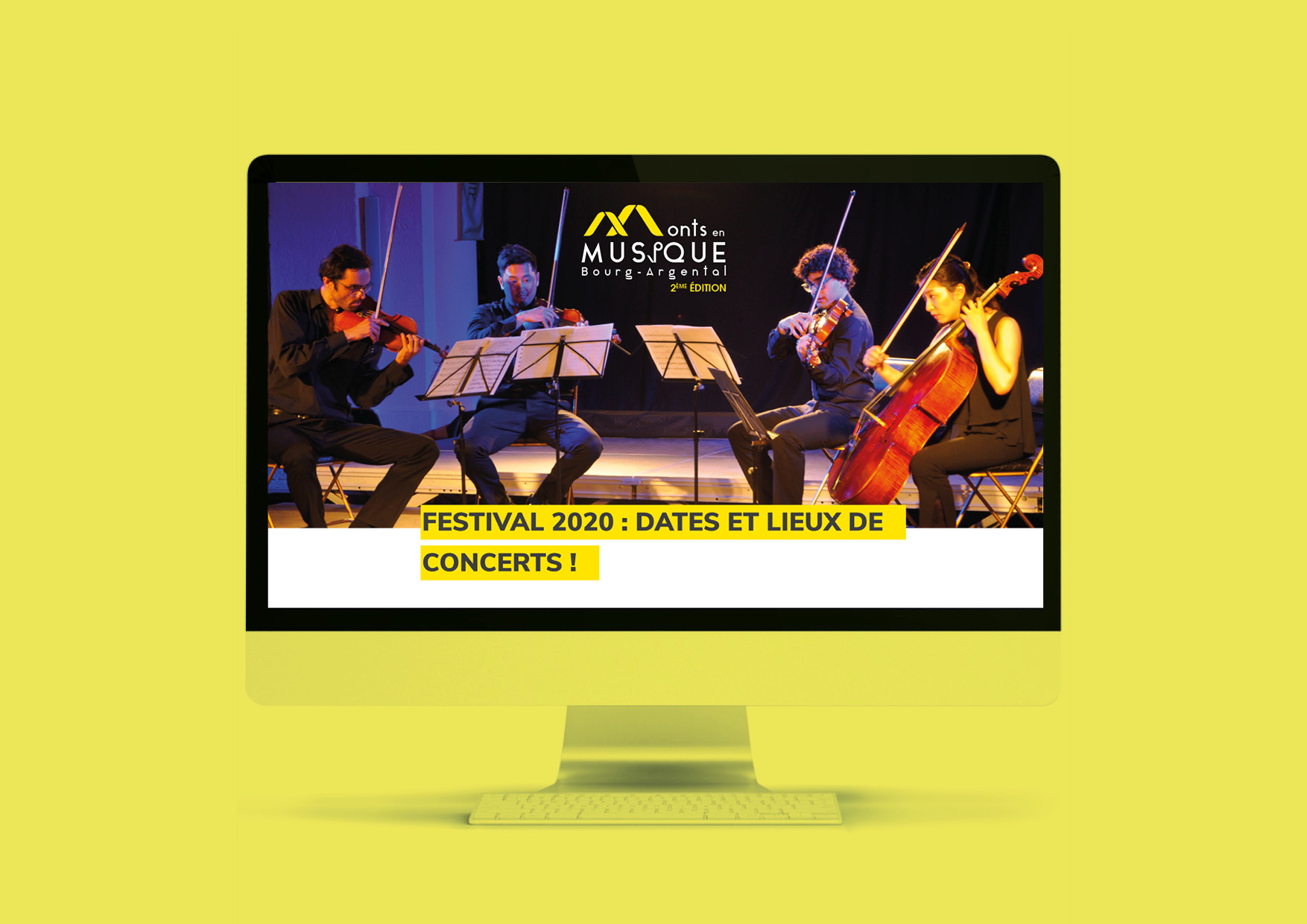 mockup page web du site monts en musique au couleurs jaune accompagnée d'une photo de musiciens