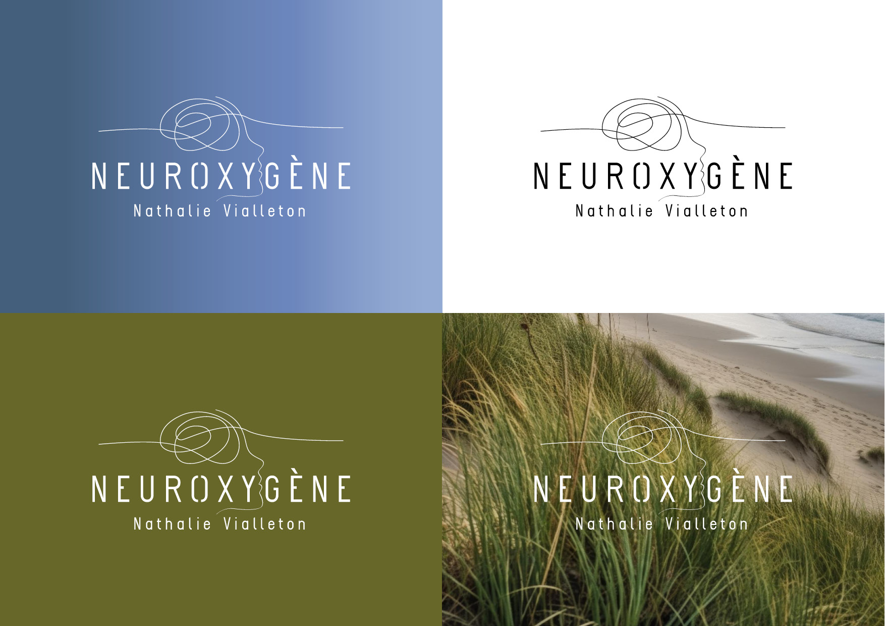 quatre visuels du logo neuroxygene vert bleu blanc et photo