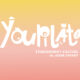 logo blanc de la creche youpilat de bourg argental sur degrade jaune et peche