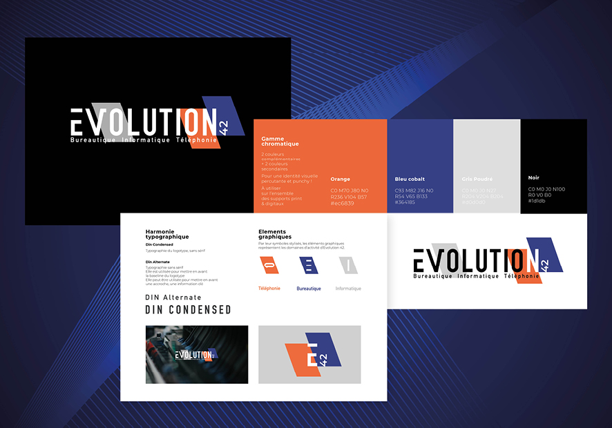 presentation de la charte graphique de la societe evolution 42 saint peul en jarez loire 42 : nouveau logo sur fond noir palette de couleurs (orange bleu gris noir) pictos et les differentes typographie