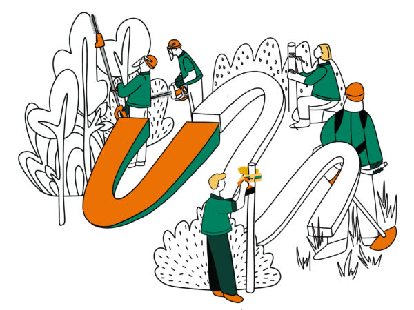 illustration en noir et blanc orange et vert de l equipe d entretien du parc du pilat